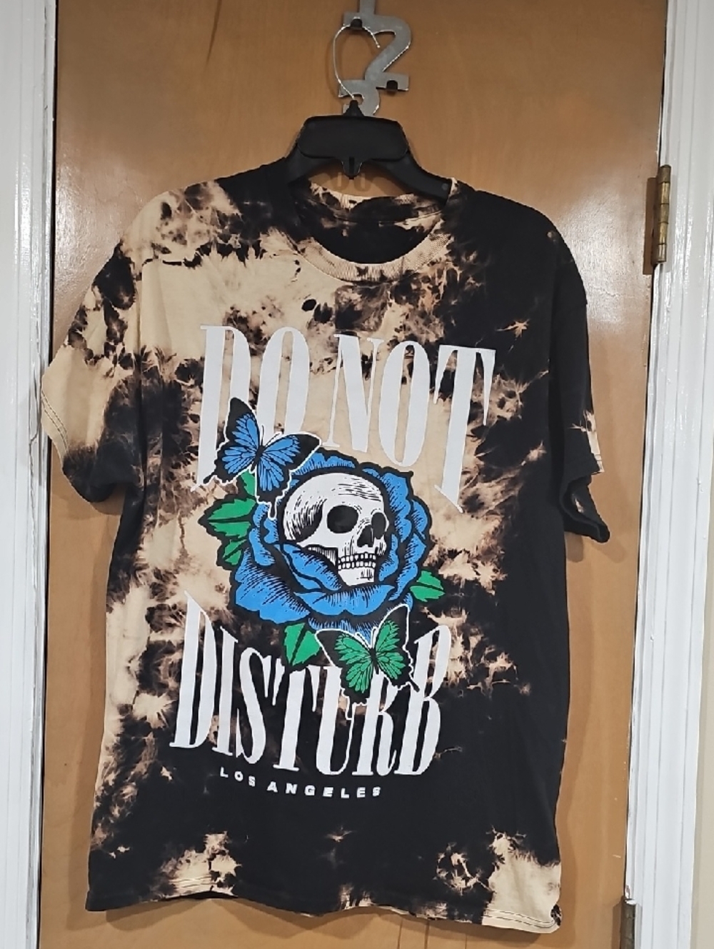Tie-Dye 'Do Not Disturb' Skull & Blue Rose Graphic Tee